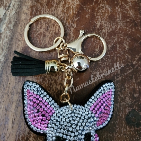 Chihuahua Dog Crystal Rhinestone Keychain Bag Charm With Black Tassel - Picture 8 of 17